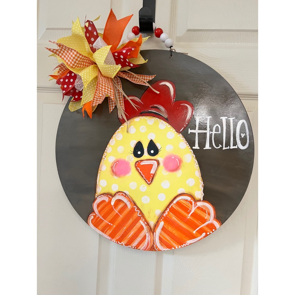 Hand Painted Wooden Chicken Hello Door Hanger Farmhouse Decor Yellow Orange Bow